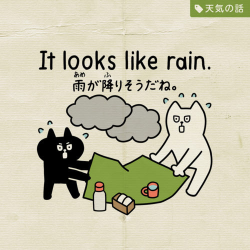 「雨が降りそう／降ってきた／止みそう」は英語で？ しろねこトーフの英会話